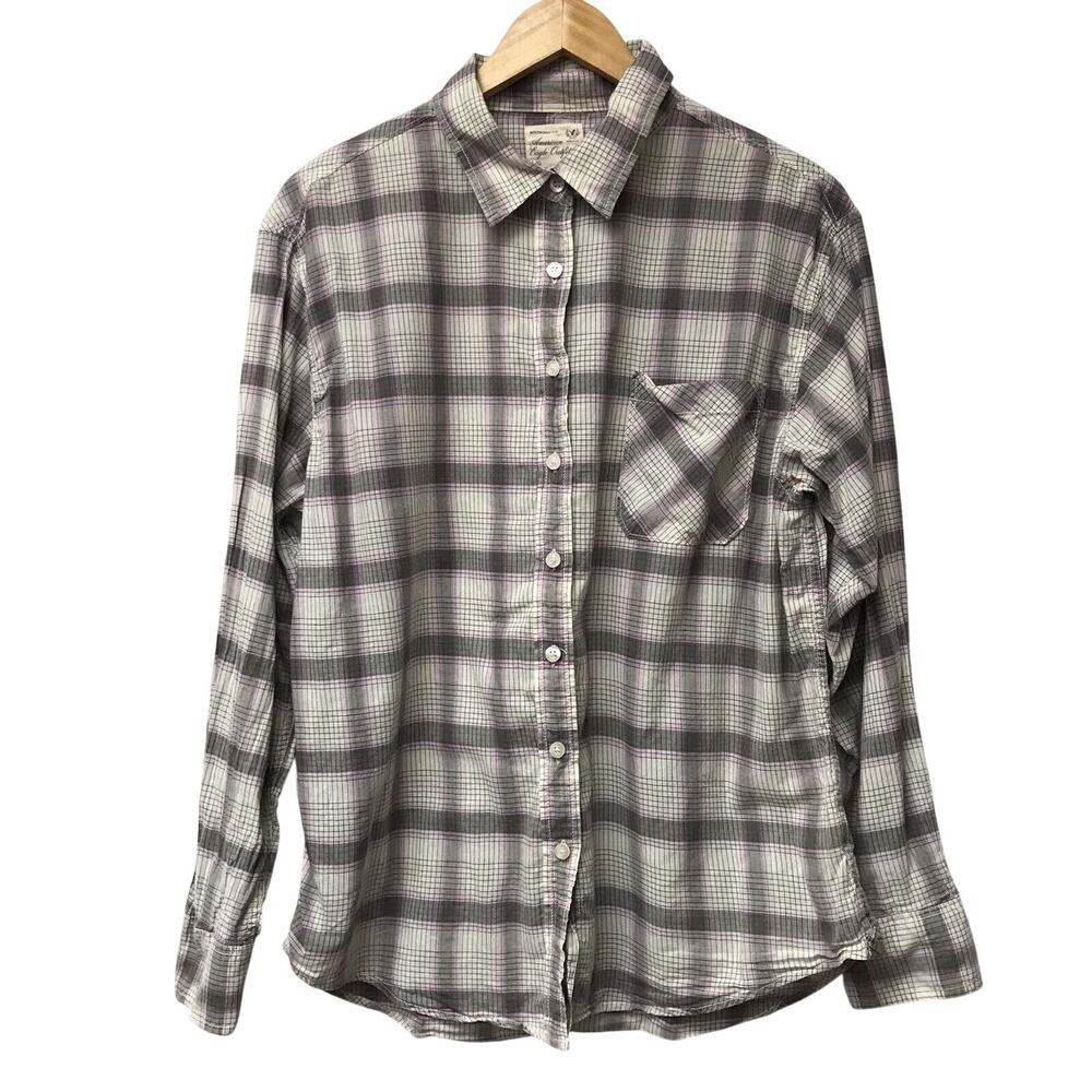 American Eagle Outfitters Top Womens Large Plaid Gray Pink Boyfriend Fit